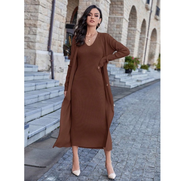 2 Piece Set: Knit Midi Pencil Dress and Long Cardigan Button Through Brown - Picture 6 of 13